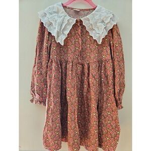Next Girls Floral Dress Pink Orange Eyelet Lace Collar Long Sleeve‎ 6-7 Years